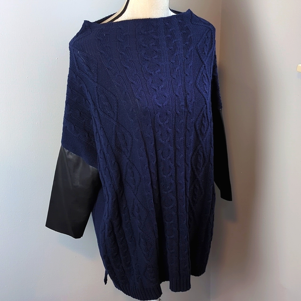🆕 GUESS Faux Leather Sleeve Sweater / Blue / Large